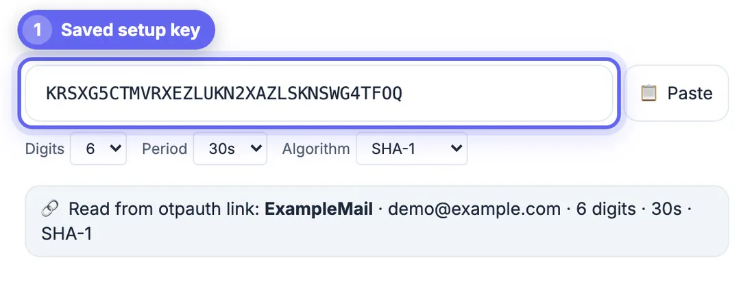 otpauth setup link pasted into the 2FA Code Generator and read as ExampleMail, demo@example.com, 6 digits, 30s, SHA-1