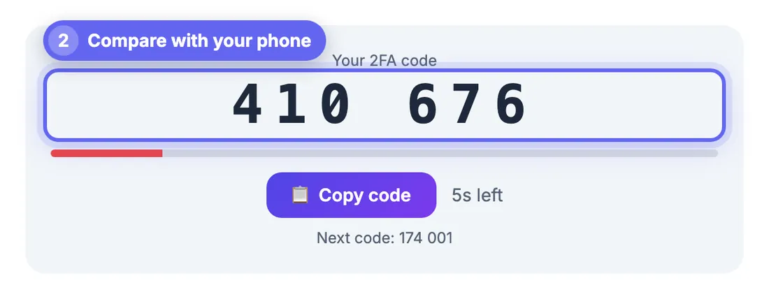 Live six-digit 2FA code from the saved ExampleMail key with a countdown bar and the next code shown