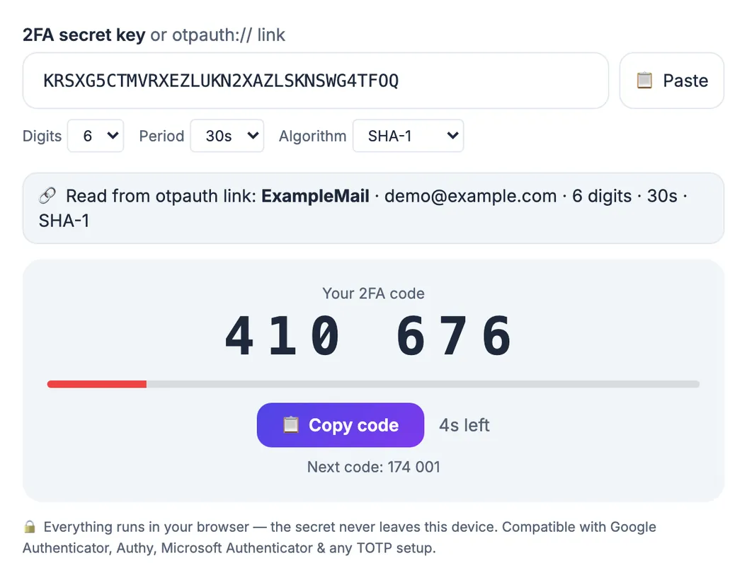2FA Code Generator with a saved ExampleMail setup key producing a live code and the next code in the browser