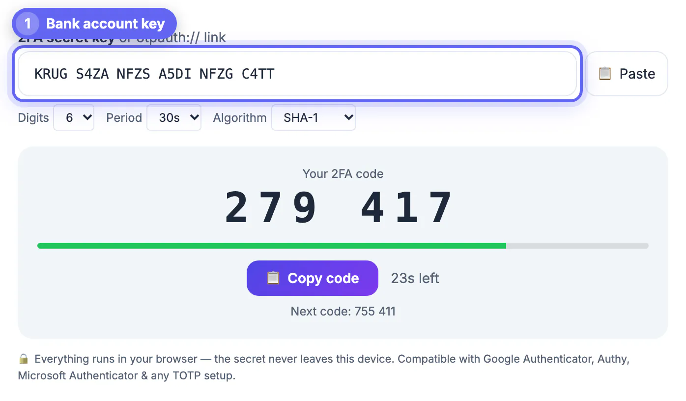 Setup key for a ExampleBank login typed in four-character groups into the secret key field of the 2FA generator