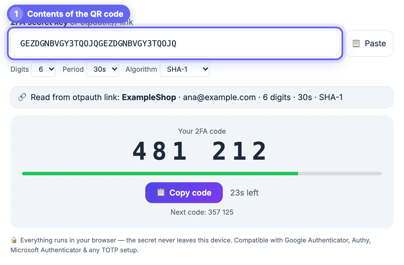 The 2FA key field after pasting an otpauth link, now showing the secret GEZDGNBVGY3TQOJQ extracted from it, the same content a QR code carries