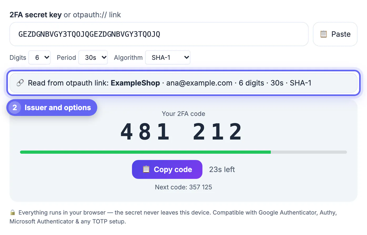 Parsed account details under the key field showing the ExampleShop issuer, the account and the 6 digit, 30 second settings