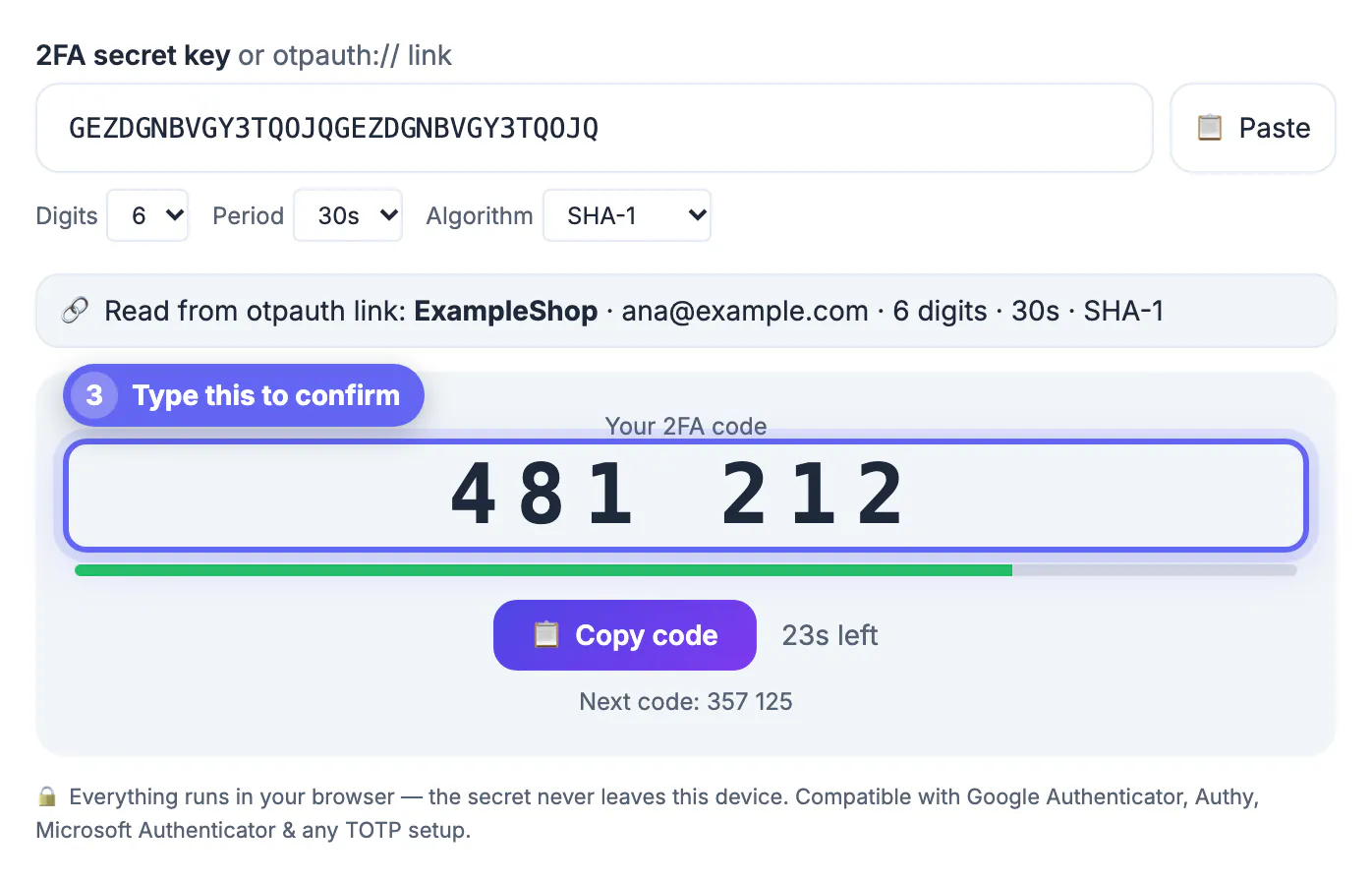 Six-digit code 481 212 with a countdown bar and 23s left for the ExampleShop key, ready to type into the site's confirmation box