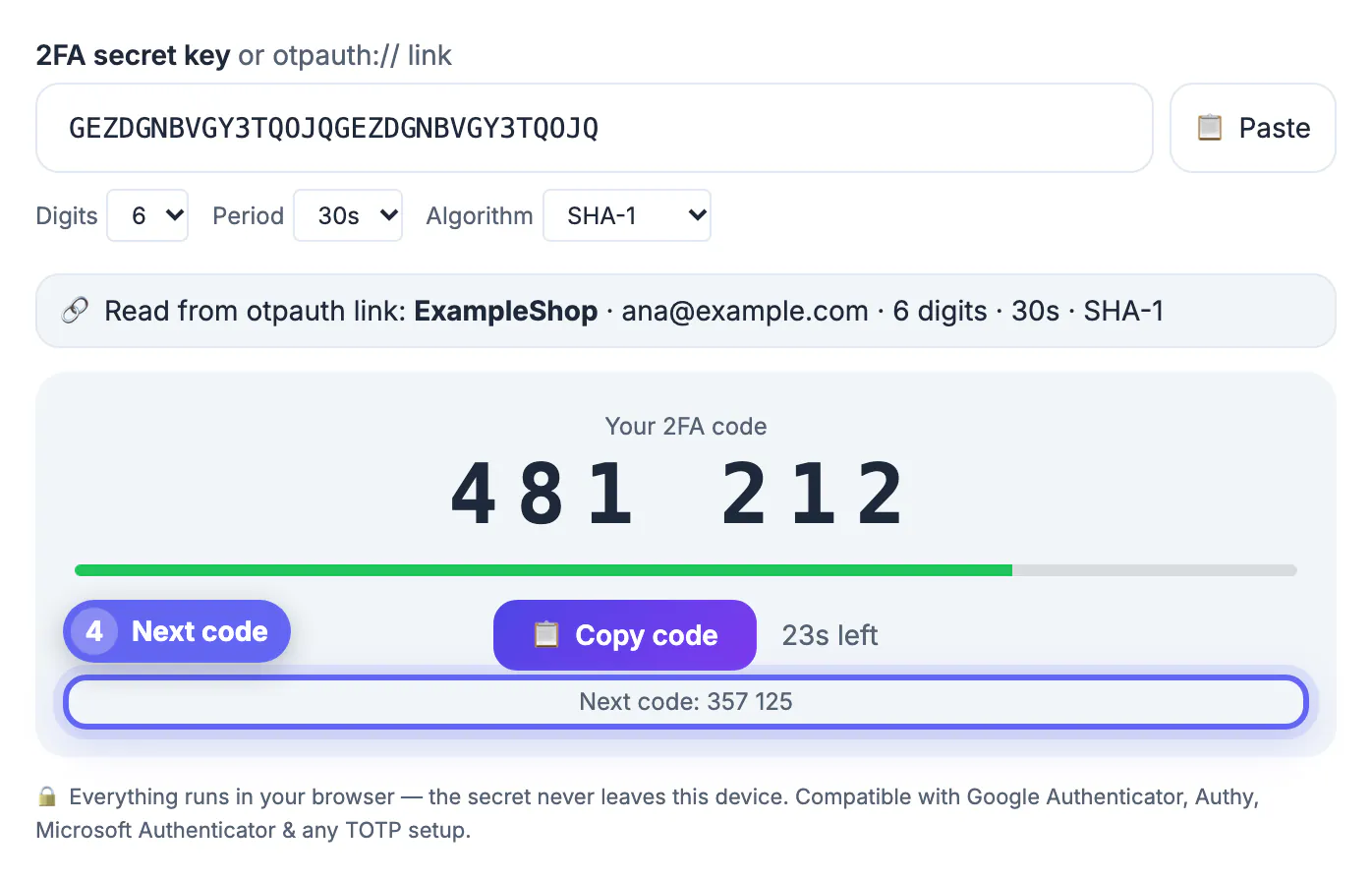Next code 357 125 line under the Copy code button, previewing the code for the next 30 second window