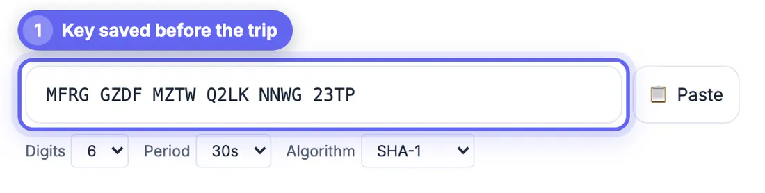 Base32 setup key typed in spaced groups into the 2FA secret key field with 6 digits, 30s and SHA-1