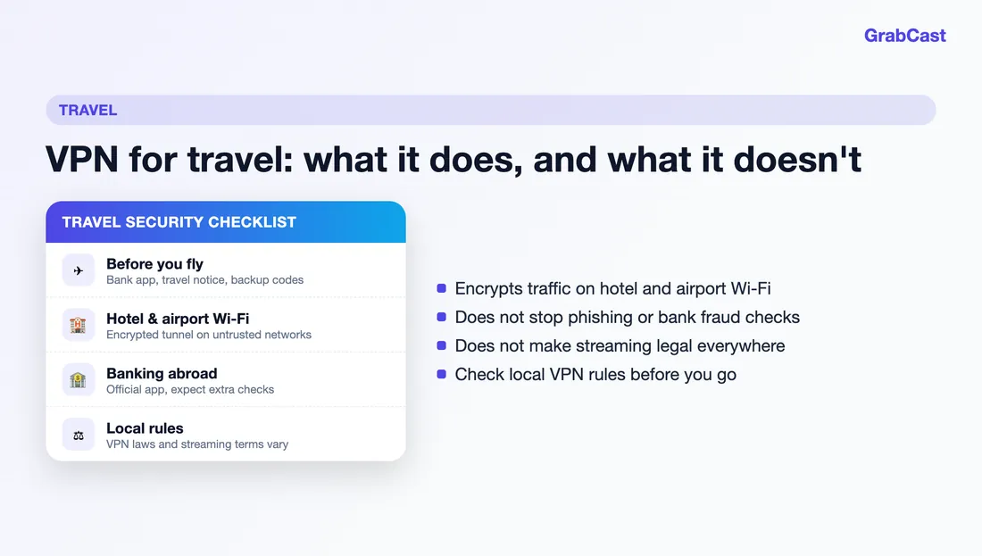 Travel security checklist covering flights, hotel and airport Wi-Fi, banking abroad and local VPN rules