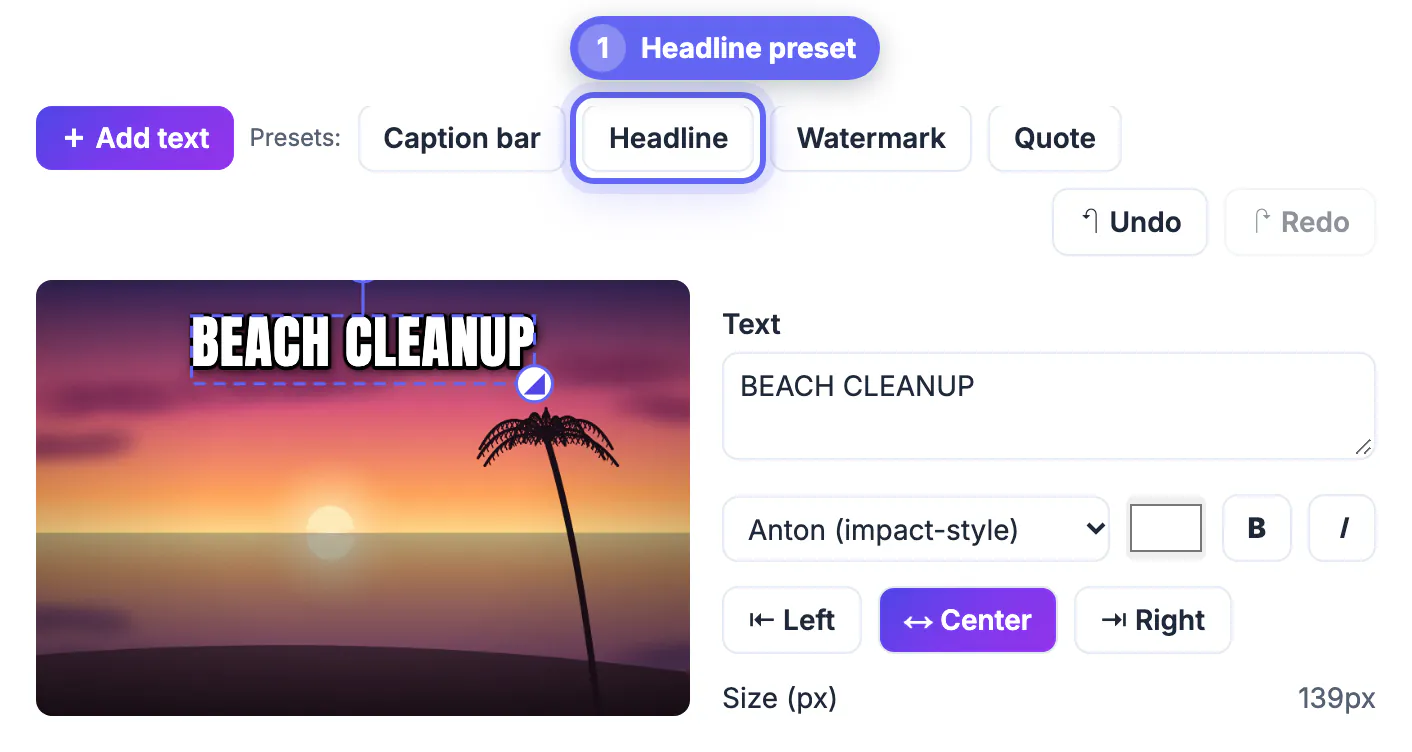 Sunset beach photo with the Headline preset applied: big white BEACH CLEANUP in the Anton font with a dark outline near the top of the image
