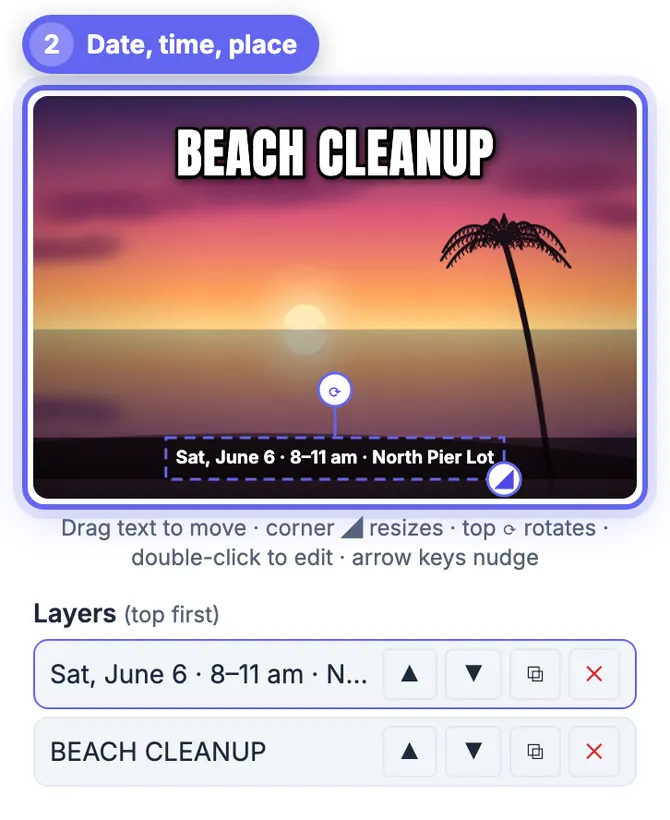 Caption bar preset added at the bottom: a full-width dark strip with white text Sat, June 6 · 8–11 am · North Pier Lot under the sunset