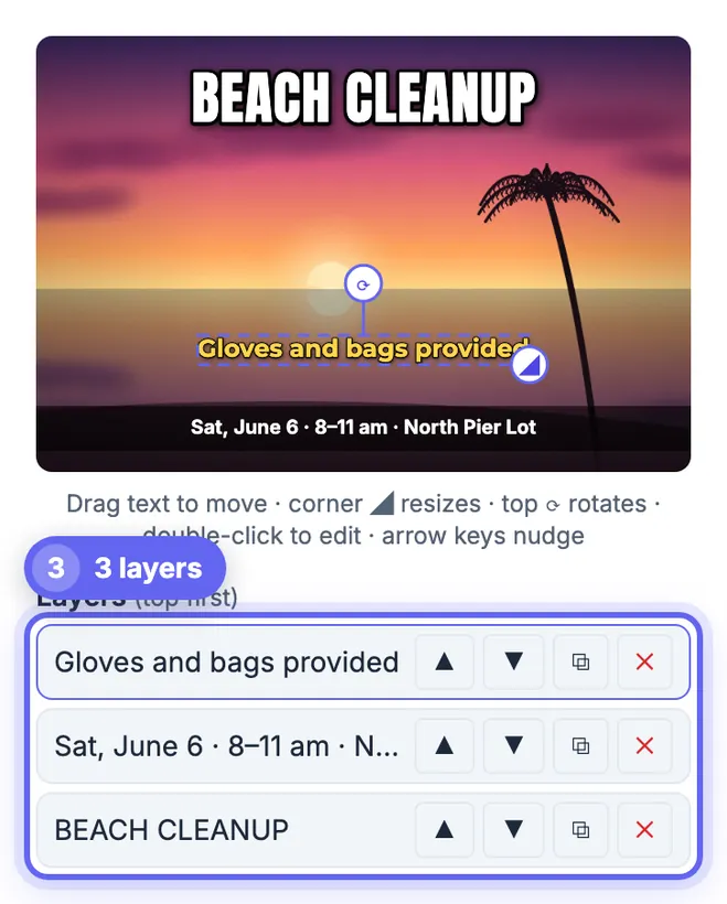Third text layer Gloves and bags provided in yellow Montserrat at 60 px, listed in the Layers panel above the caption bar and the BEACH CLEANUP headline