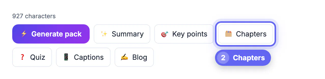 Chapters button selected in the AI Content Pack for the bike tire repair transcript