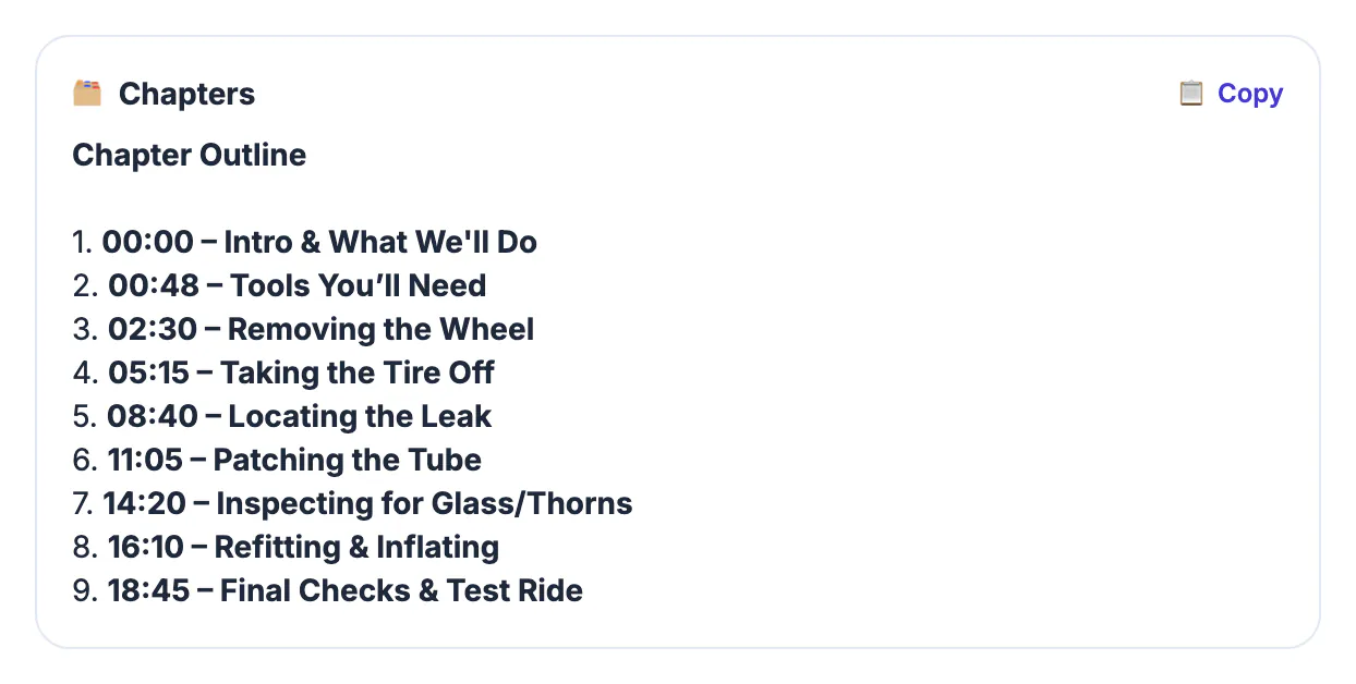 AI chapter outline for the flat bike tire video, from tools and removing the wheel to patching and the test ride