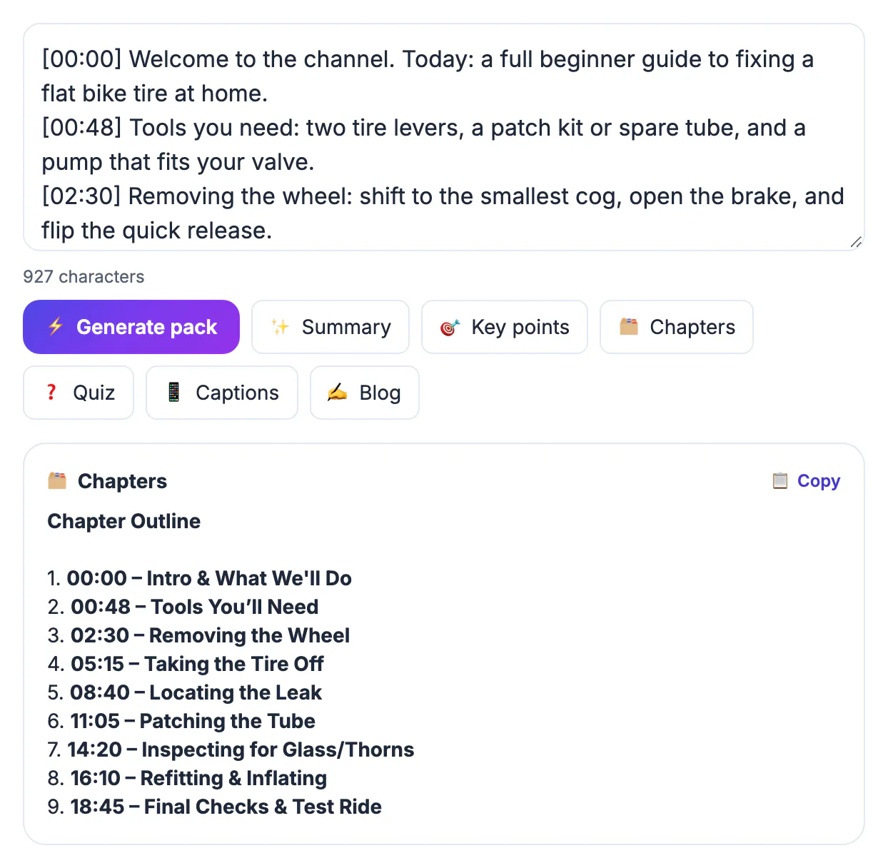 AI Content Pack with the timestamped bike repair transcript and the generated chapter list