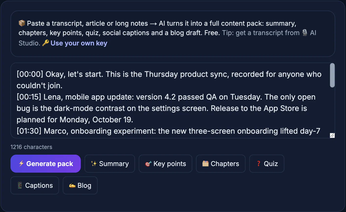 AI Content Pack with a timestamped product team meeting transcript pasted in