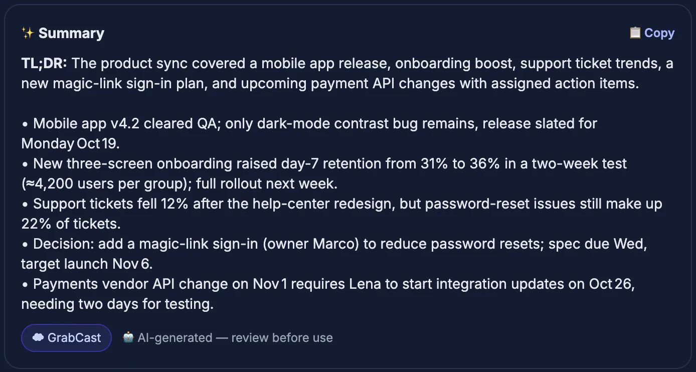 AI summary of the product sync with a TL;DR and bullets for the app release, onboarding results, support tickets and decisions