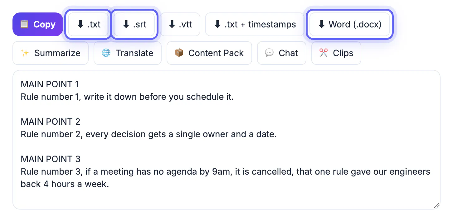 Export row with .txt, .srt and Word (.docx) highlighted next to Copy, .vtt and .txt + timestamps, above the headed transcript