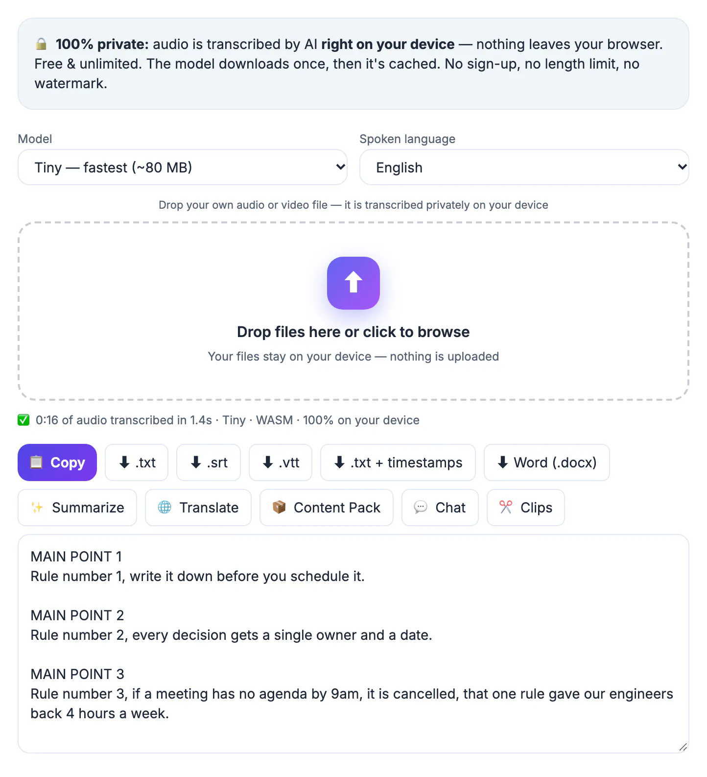 Whole AI Studio panel in its finished state: export row with .txt, .srt and Word (.docx) highlighted next to Copy, .vtt and .txt + timestamps, above the headed transcript