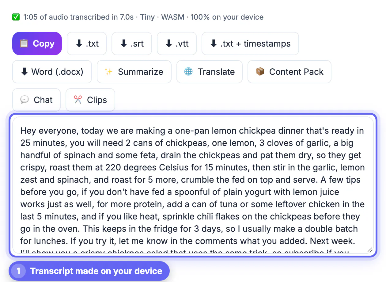 Recipe video transcript: 'today we are making a one-pan lemon chickpea dinner that's ready in 25 minutes… 220 degrees Celsius'