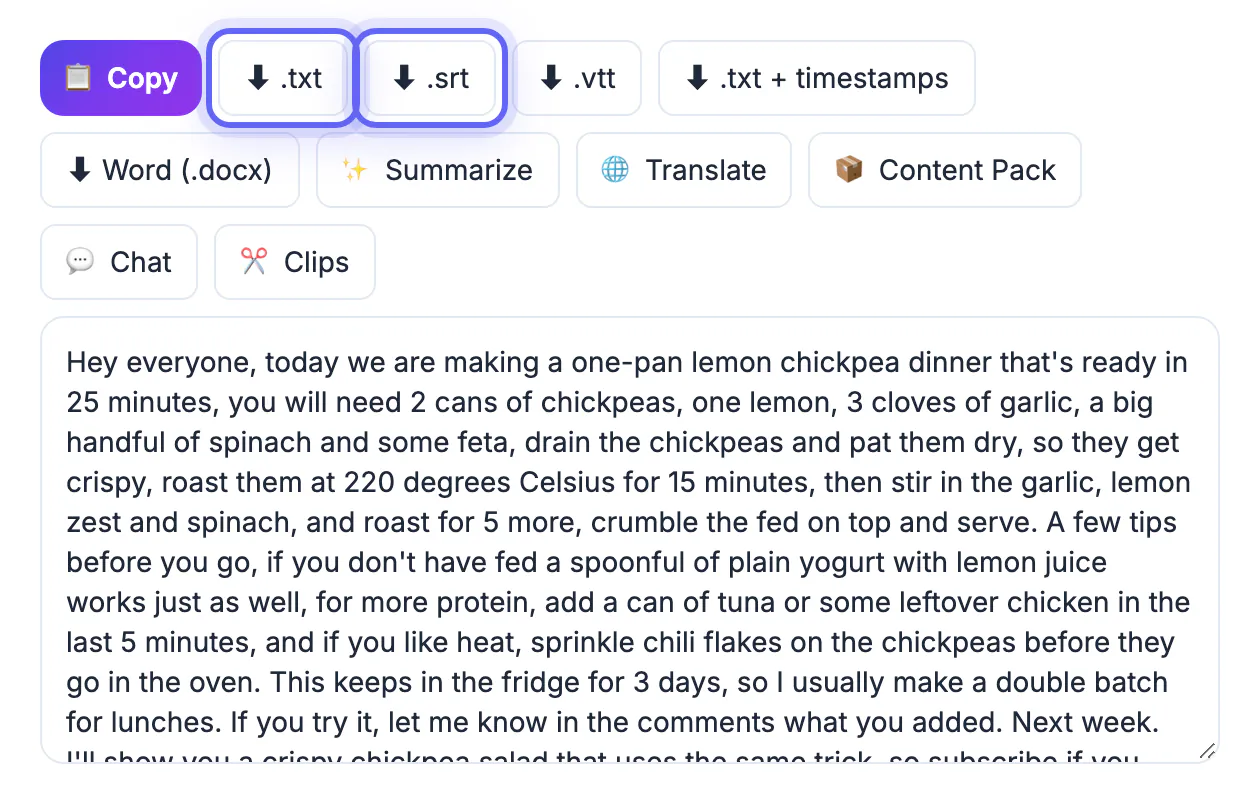 The .txt and .srt exports highlighted for the one-pan lemon chickpea recipe transcript