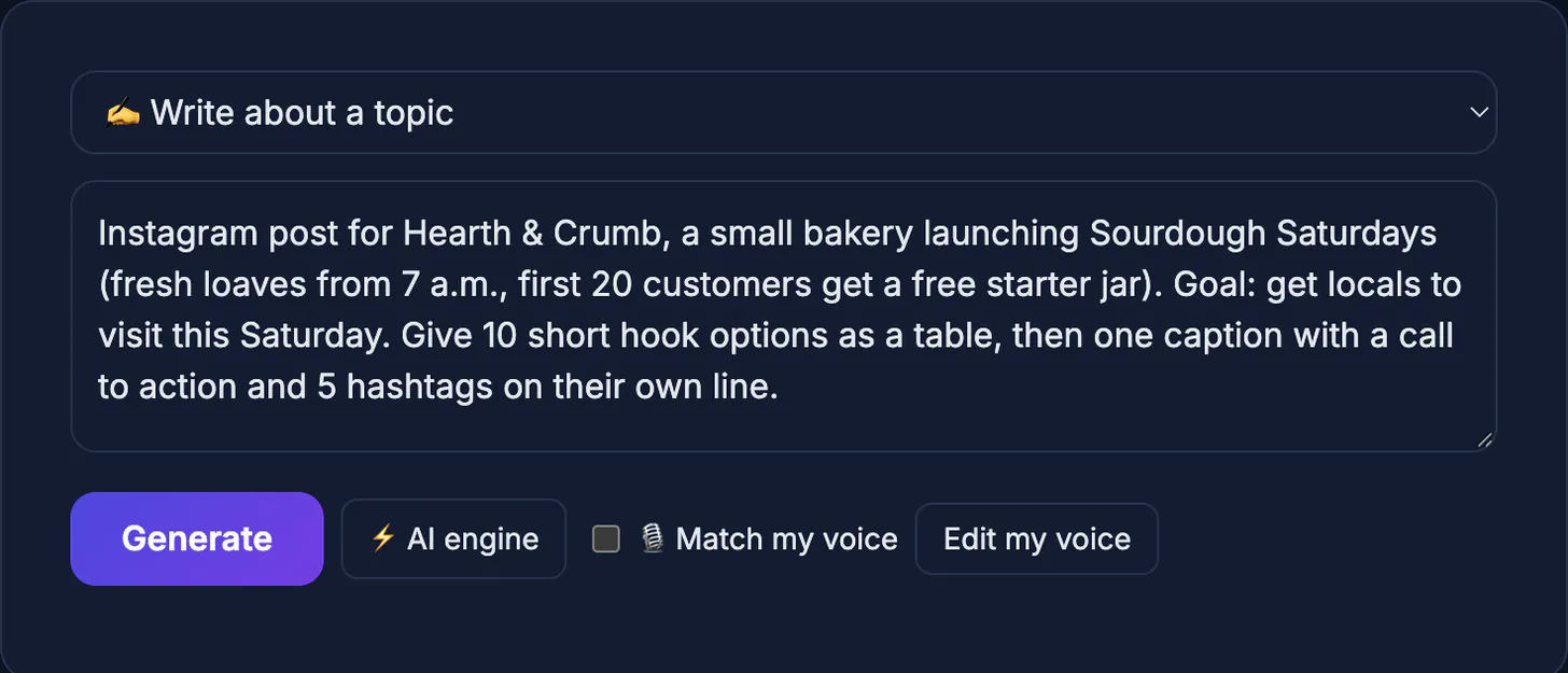 AI Writer brief for an Instagram post for a bakery launching Sourdough Saturdays, asking for 10 hooks, a caption and 5 hashtags