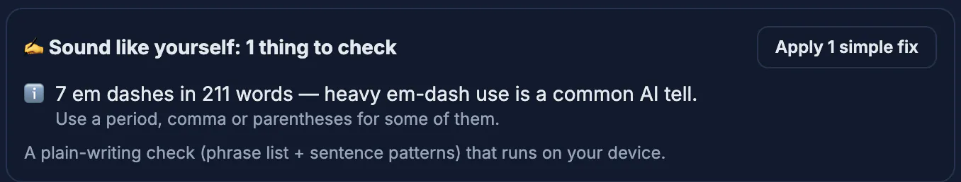Sound like yourself check flagging heavy em-dash use in the AI caption, with a one-click fix
