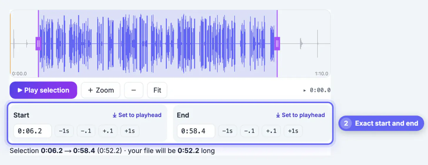 Start set to 0:06.2 and End to 0:58.4 on the waveform, with the selection summary reading 0:52.2 long