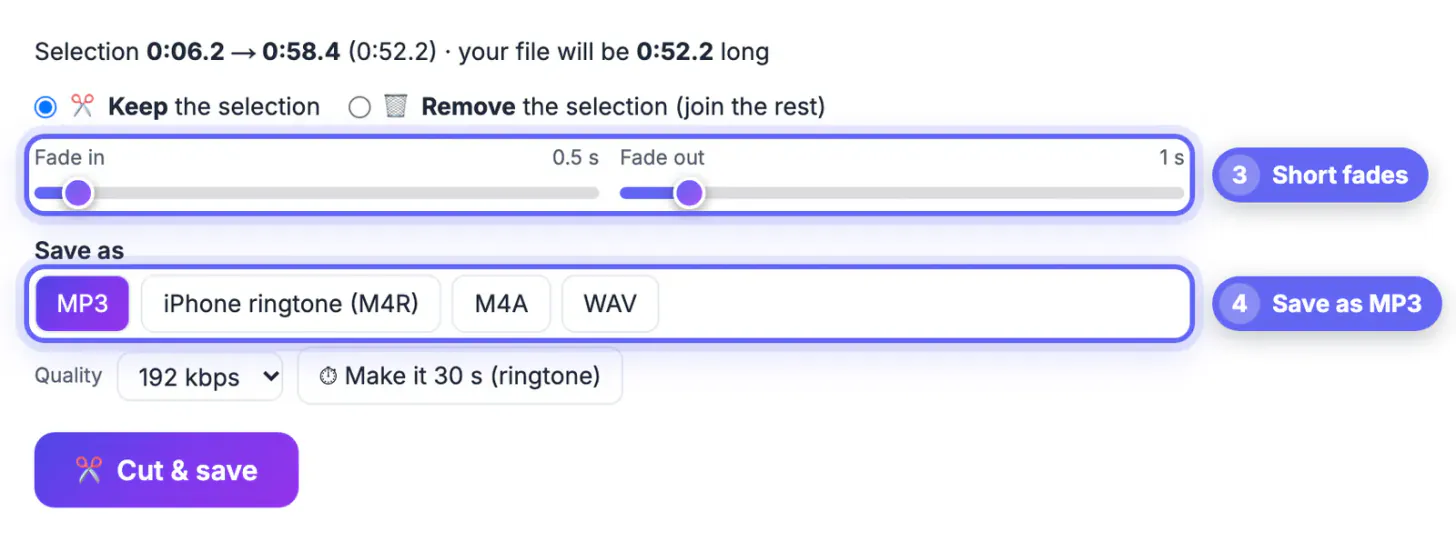 Keep the selection chosen with a 0.5 s fade in, a 1 s fade out and MP3 output at 192 kbps