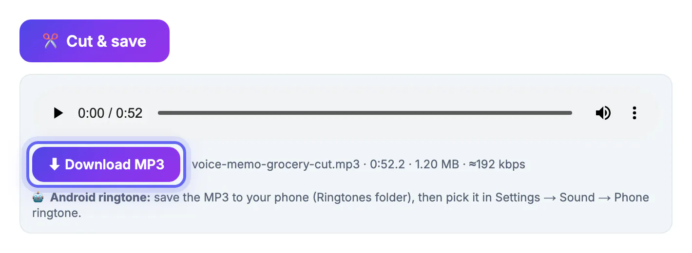 Trim finished: voice-memo-grocery-cut.mp3, 0:52.2 long and 1.20 MB, with a player and a Download MP3 button