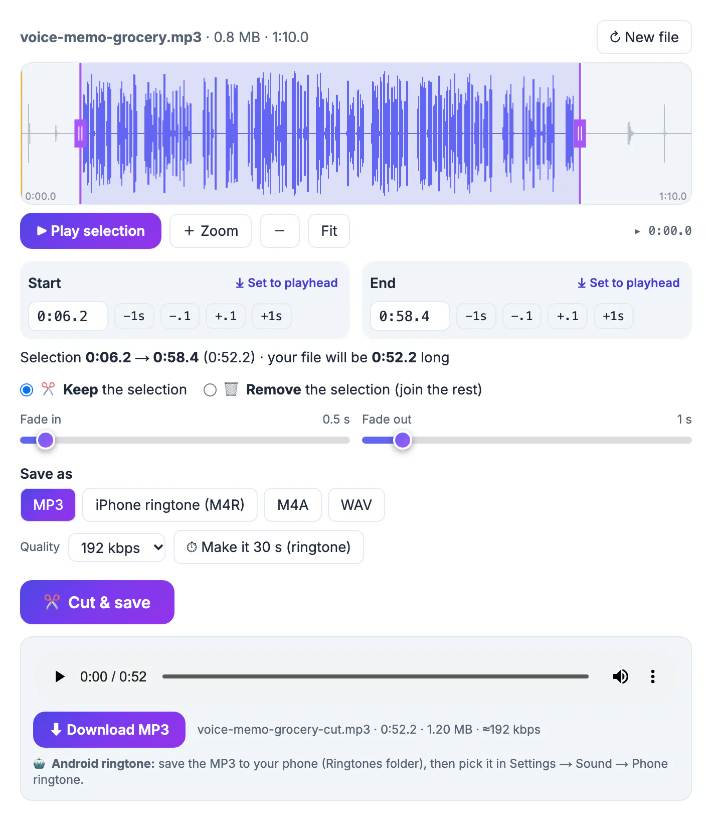 Audio cutter after trimming a 1:10.0 voice memo to the 0:06.2 to 0:58.4 stretch, with fades set and the 0:52.2 MP3 ready below