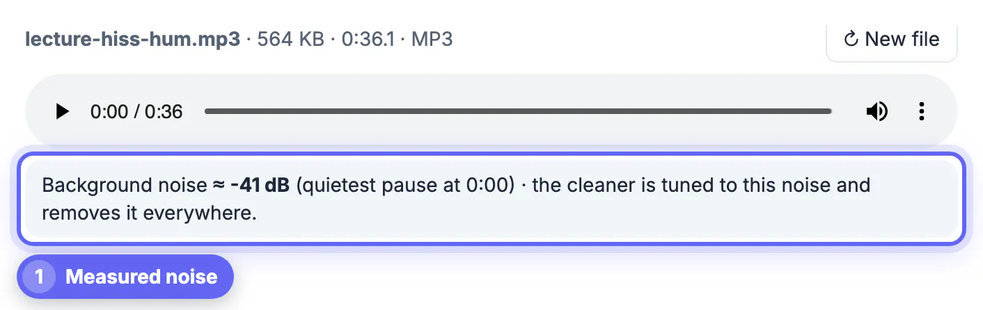 lecture-hiss-hum.mp3 loaded with the meter reading Background noise about -41 dB measured in the quietest pause at 0:00