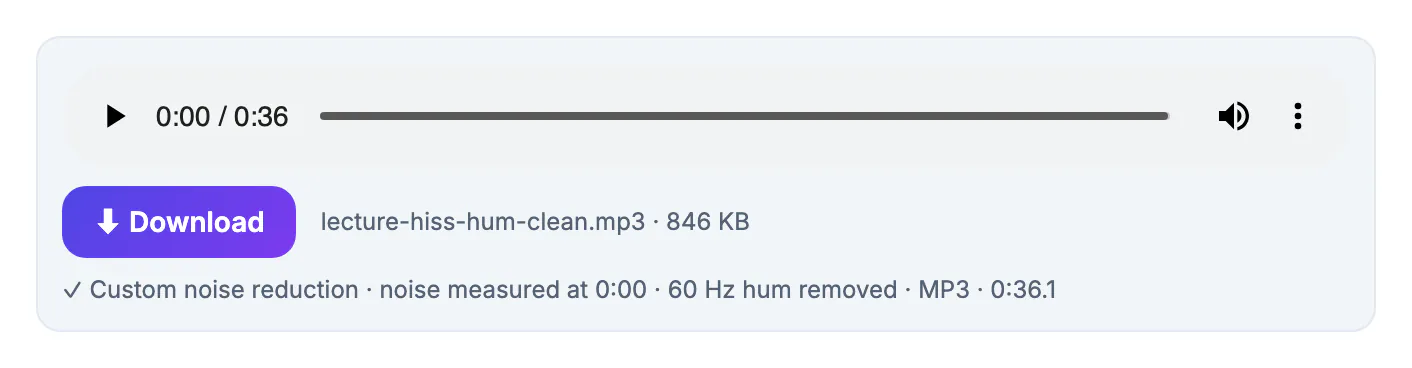 lecture-hiss-hum-clean.mp3, 846 KB, ready to download after Custom noise reduction with 60 Hz hum removed