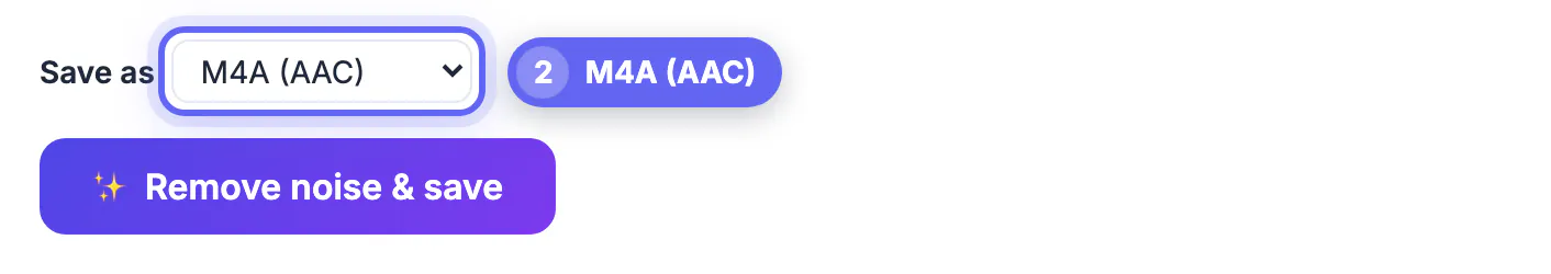 Save as menu set to M4A (AAC) above the Remove noise and save button