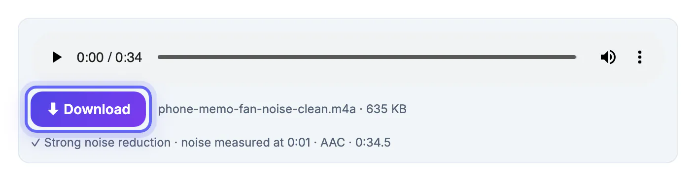 Cleaned phone voice memo ready to download as M4A after Strong noise reduction of loud fan noise, 34.5 seconds long