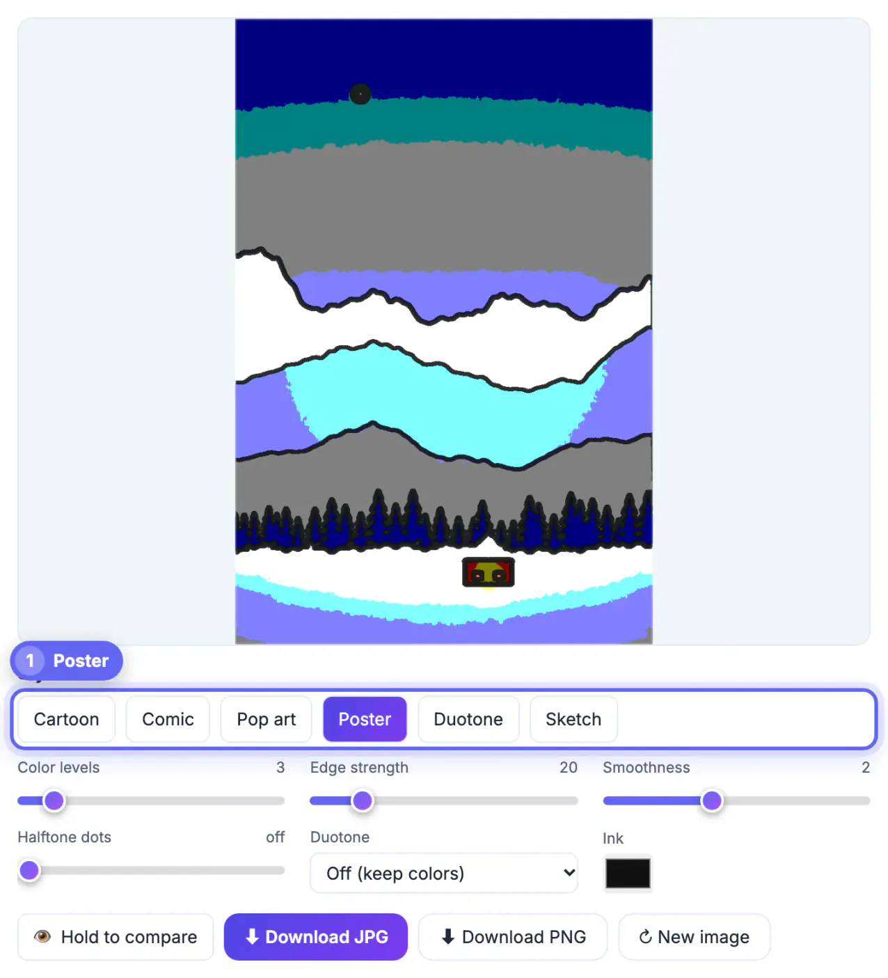 Poster style applied to snowy peaks at blue hour with three flat colour levels and smoothness 2