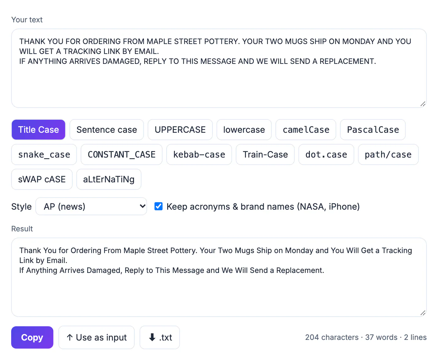 Case converter with two sentences typed in ALL CAPS about a pottery order pasted in