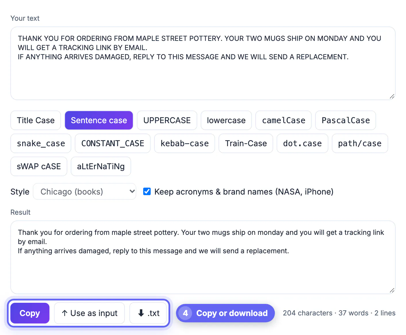 Final text with Copy, Use as input and .txt buttons under the result box
