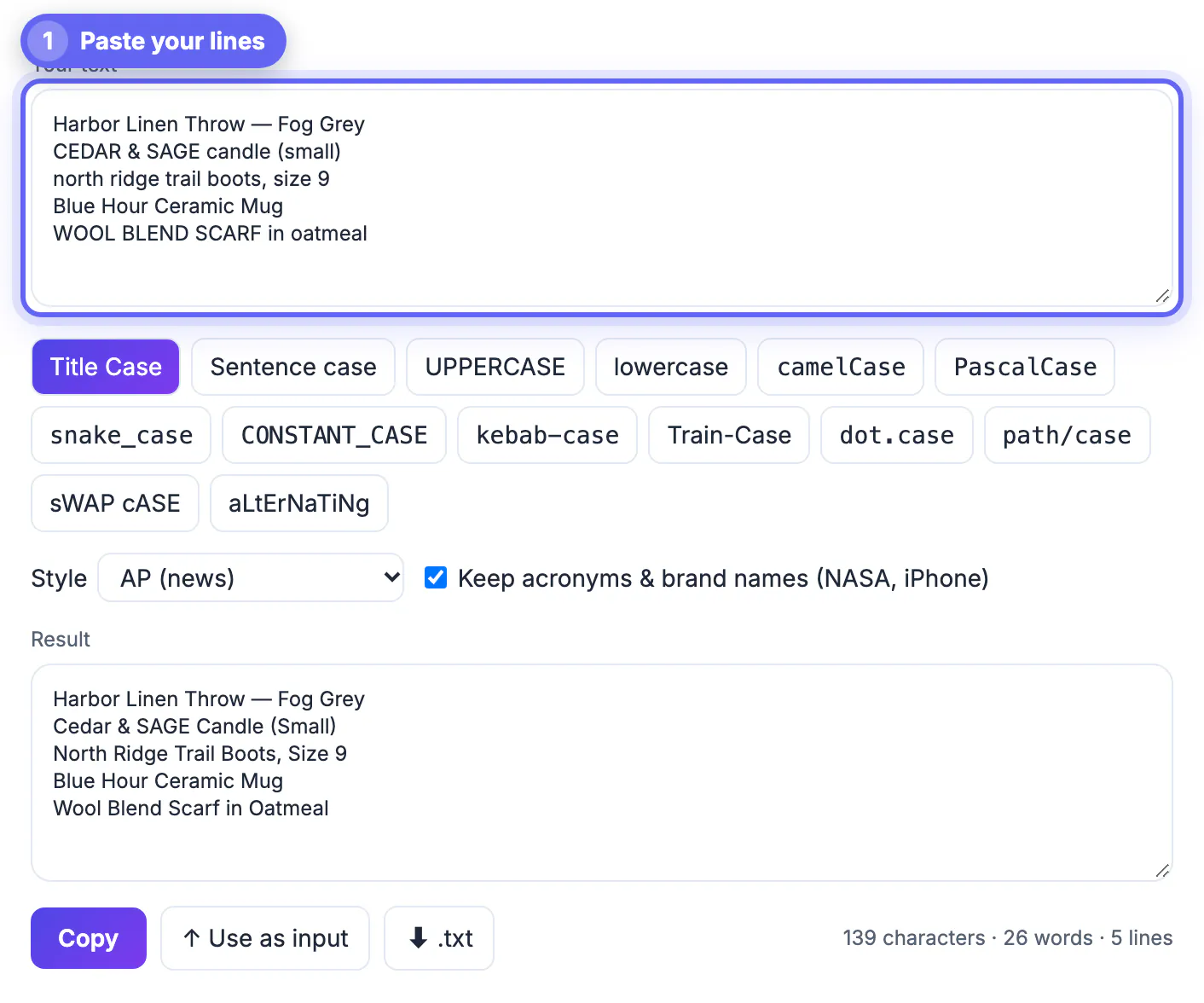 Case Converter input box holding five mixed-case product names, one per line, ready to be converted