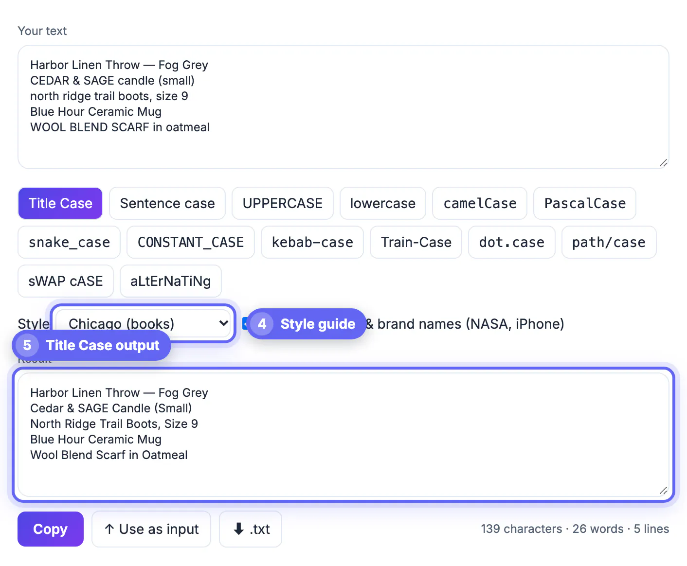 Title Case selected with the Style menu set to Chicago and the Keep acronyms and brand names checkbox ticked