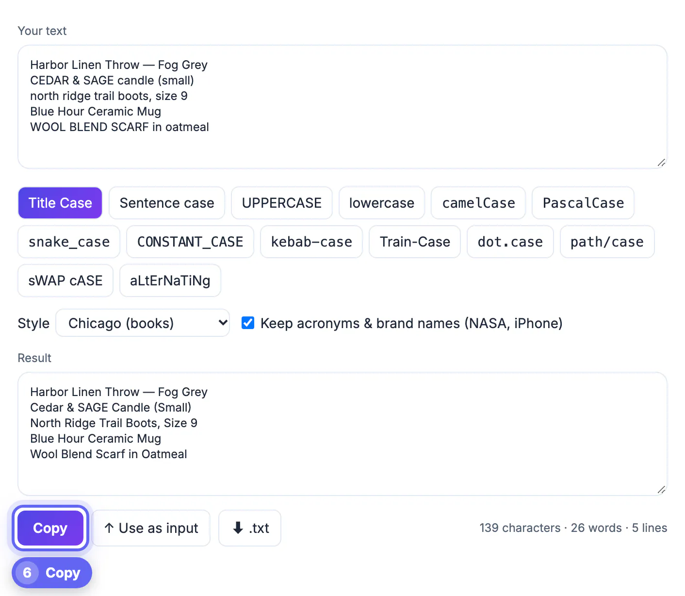 Copy and Download buttons beside the converted output ready to paste the result back into the destination app