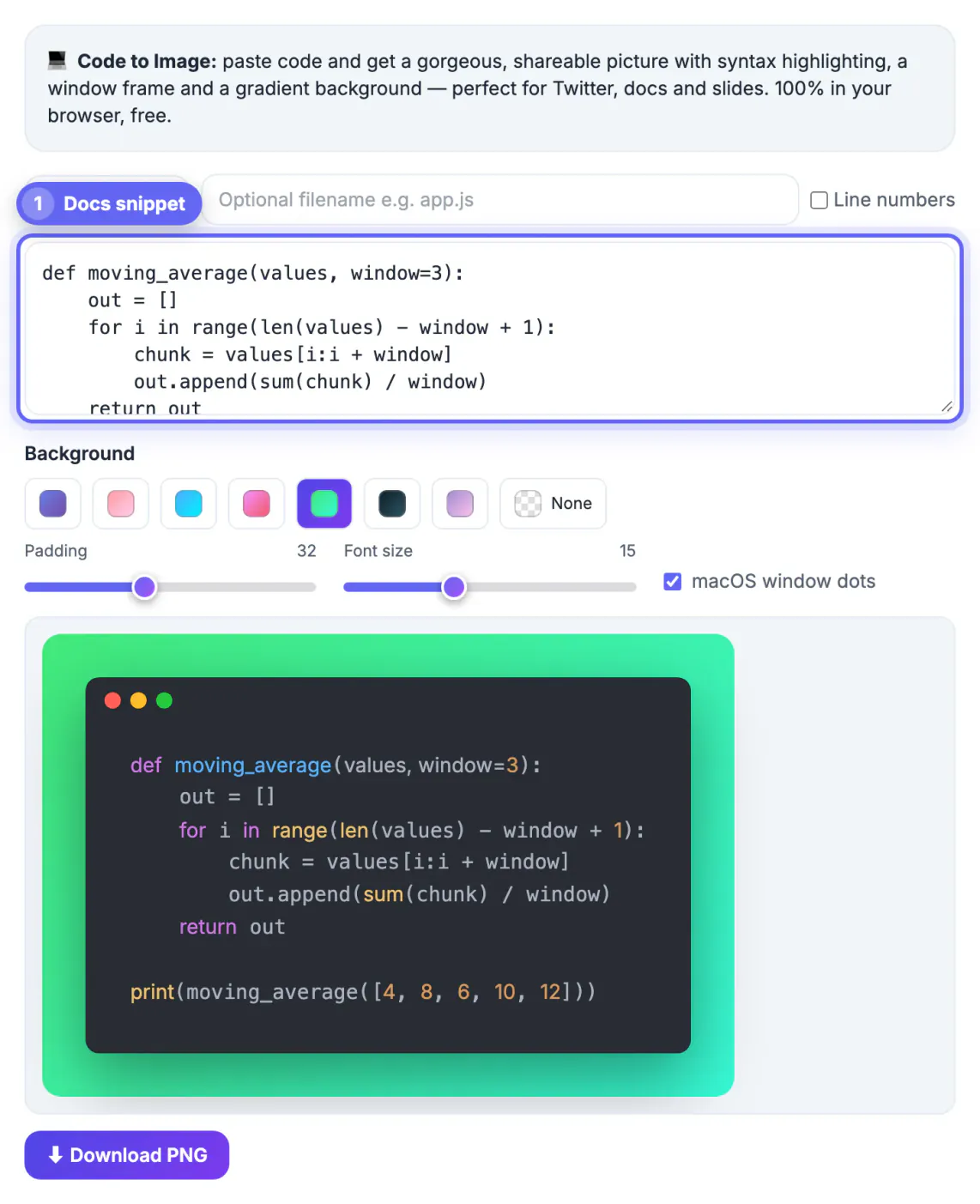Code to Image with a Python moving_average function pasted for a documentation page, python selected as language
