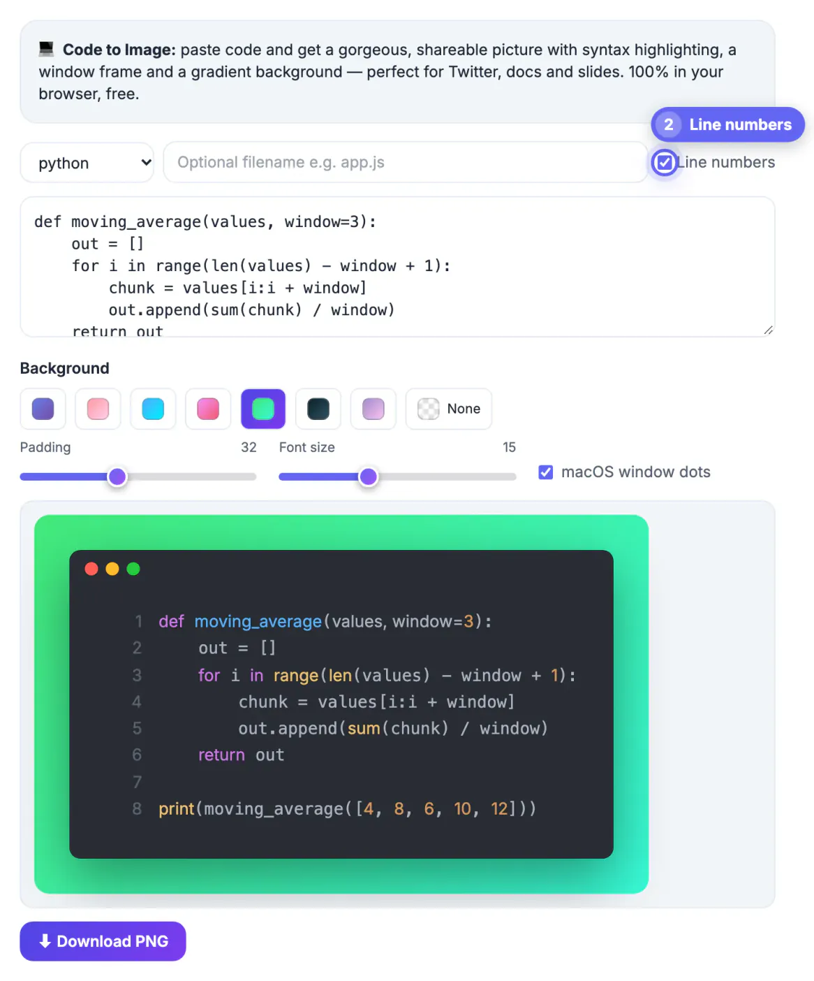 Line numbers checkbox ticked so the Python snippet shows numbered lines in the preview