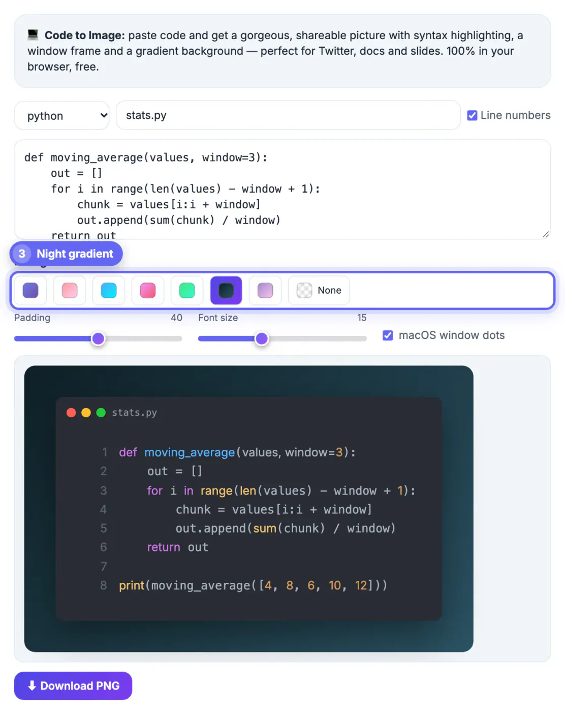 Night gradient background and a 15 pt font with filename stats.py shown on the window bar, matching the docs style guide