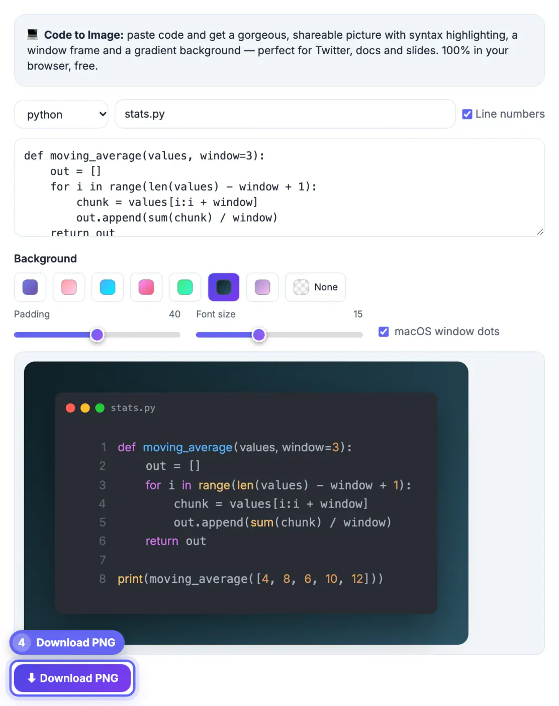 Download PNG button below the finished framed Python snippet with line numbers on the night gradient