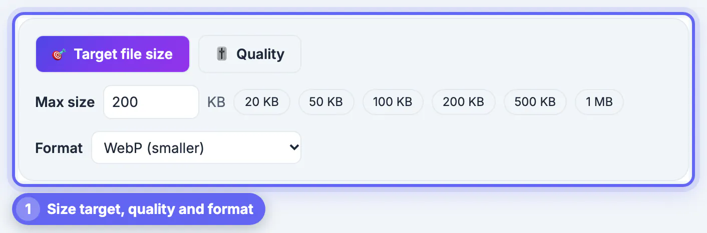 Max size set to 200 KB with the 200 KB preset and the Format drop-down switched to WebP (smaller)