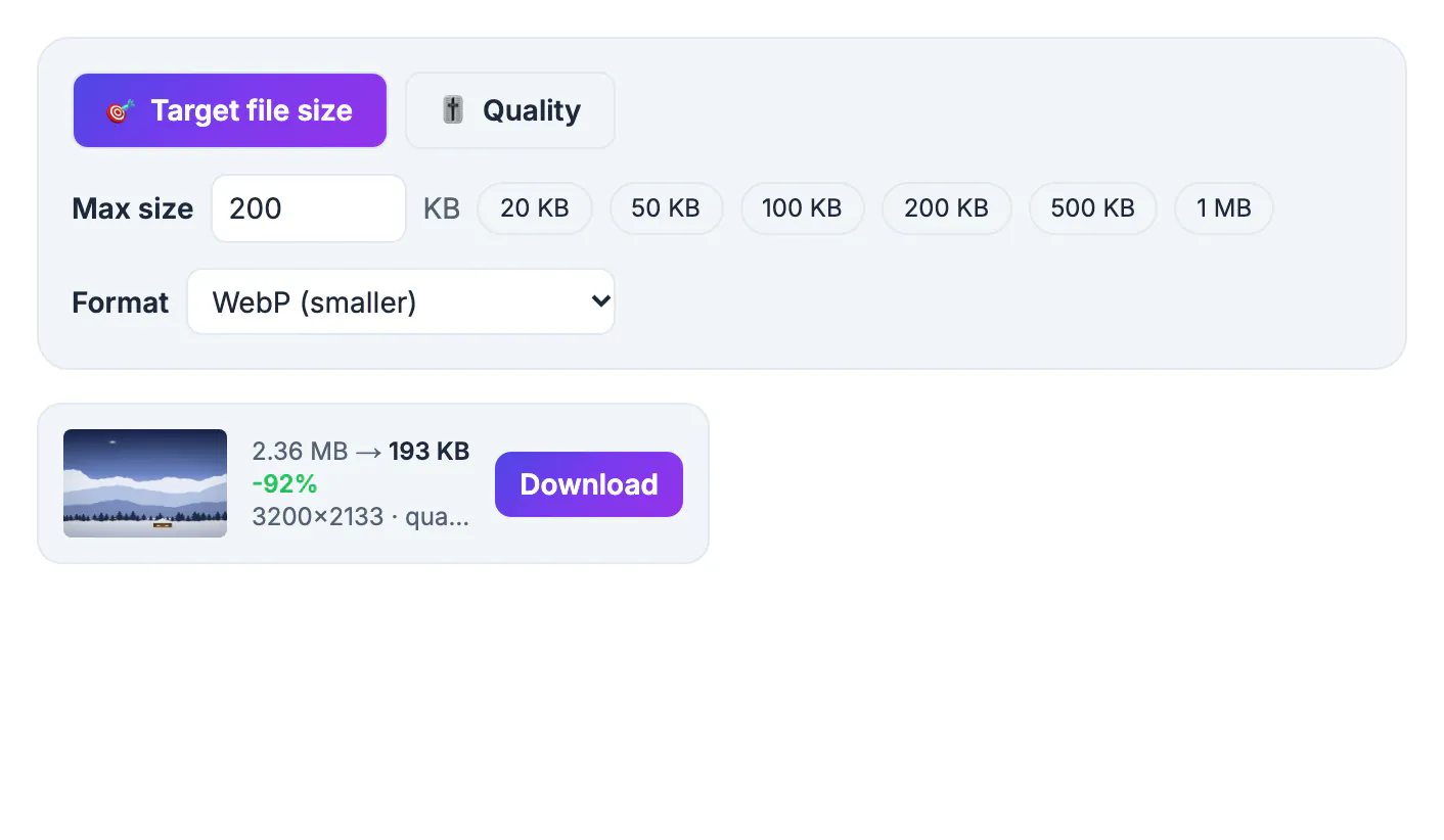 Compress Image with a 200 KB WebP target and a website hero banner compressed for faster page loads