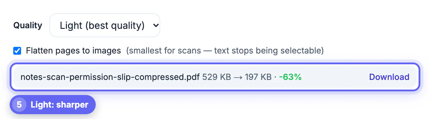 Light (best quality) flatten of the permission slip scan: 529 KB to 197 KB, -63%, for a sharper copy