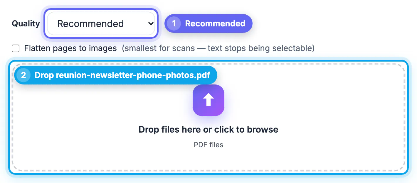 Compress PDF set to Recommended for a two-page reunion newsletter whose weight comes from full-size phone photos