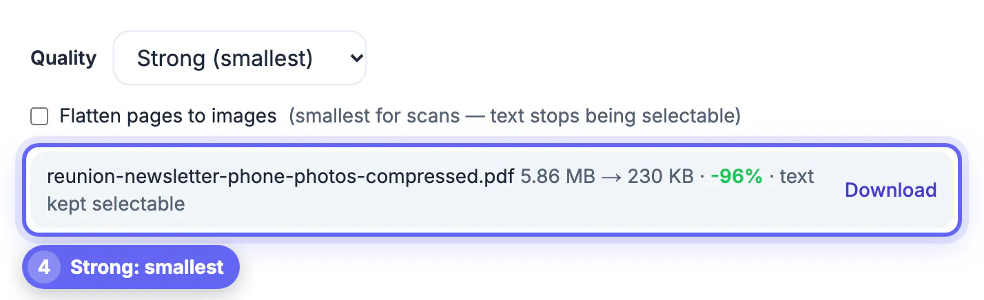 Strong (smallest) run on the same newsletter: 5.86 MB to 230 KB, -96%, text still selectable
