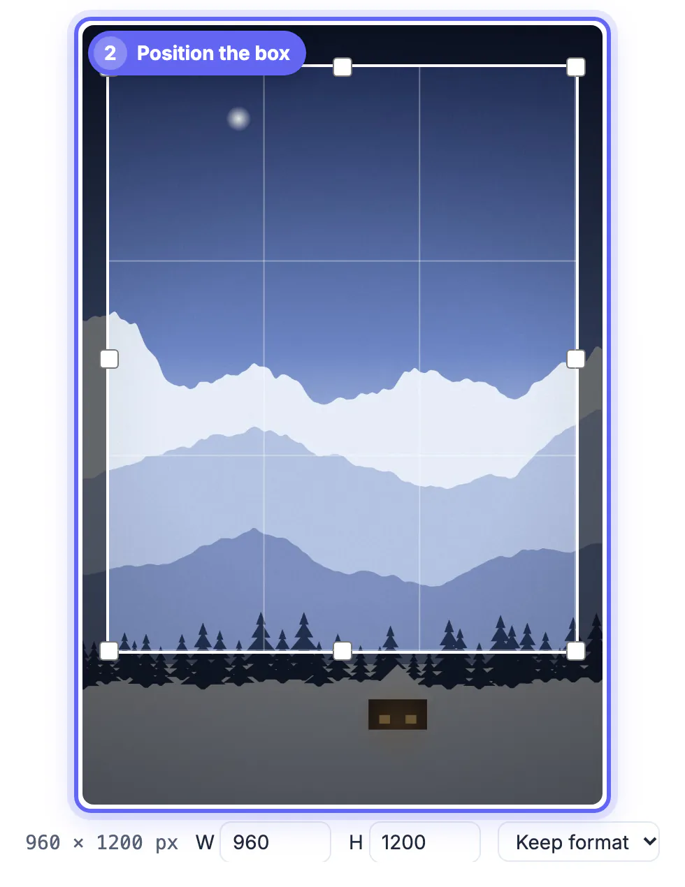 4:5 box moved up to keep the snowy summit and the blue-hour sky in the frame