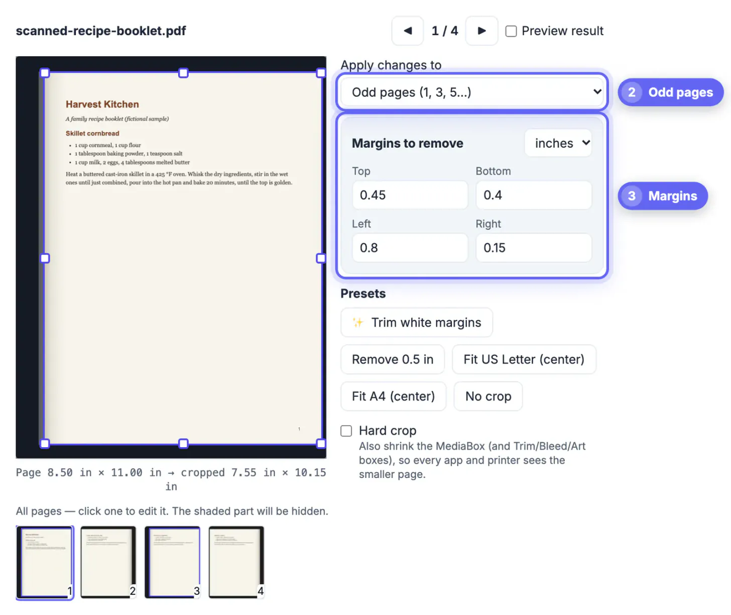 Apply changes to set to Odd pages with margins Top 0.45, Bottom 0.4, Left 0.8 and Right 0.15 inches cutting off the dark left edge