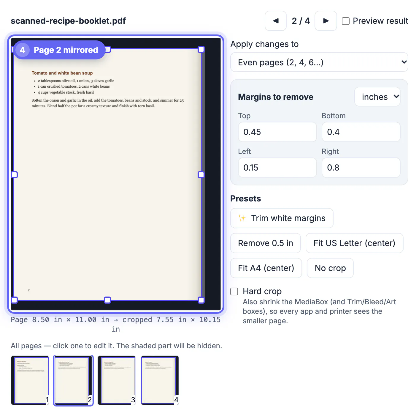 Even pages selected, the editor jumps to page 2 and the crop mirrors the odd pages with 0.8 inch removed on the right